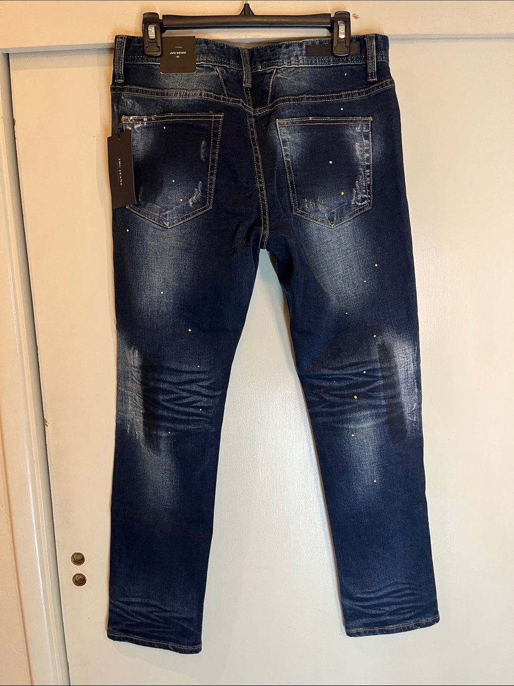 JMC Denim Slim Straight Dark Blue Jeans w/ Subtle Paint-Splatter Accents